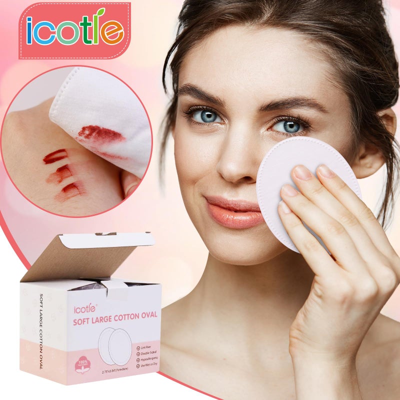 ICOTLE Oval Cotton Pads (100 Count) Ultra-Soft Cotton Ovals 100% Cotton Spunlace Purely Physical Technology, Large Makeup Remover Pads Facial Cotton Pads for Makeup Removal, Cleansing, Toner Application - Image 4