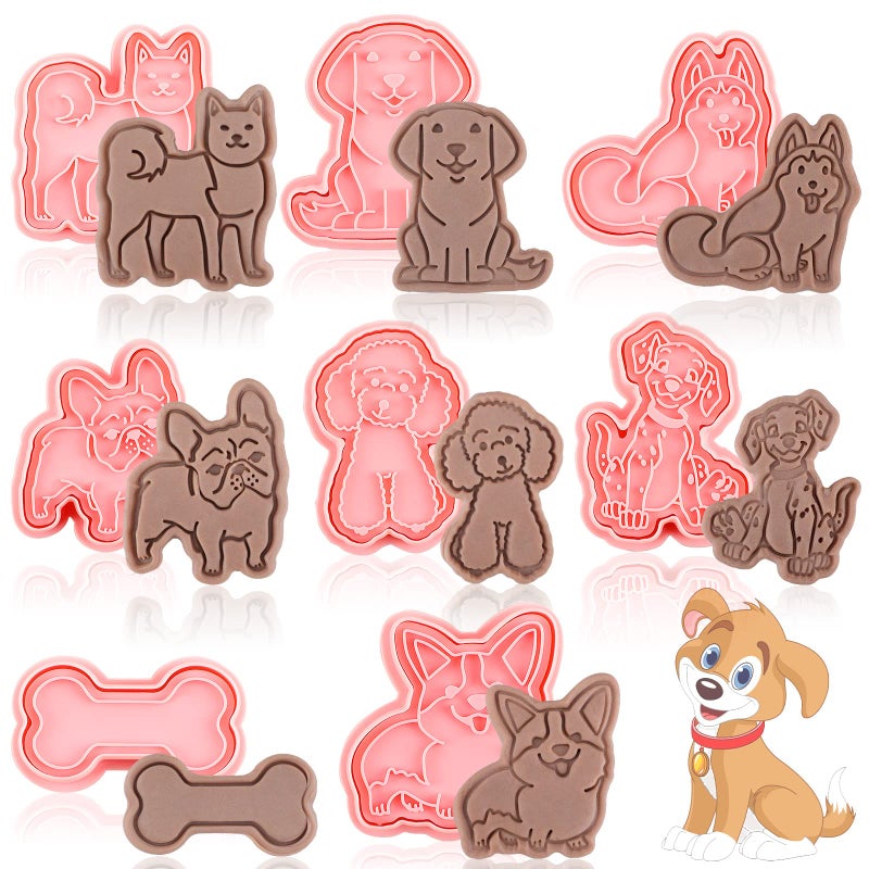 Vesici 8 Pcs Dog Cookie Cutters with Plunger Stamps Set 3D Puppy Bone Shape Biscuit Cutter Funny Cartoon Cookie Stamps Stamped Embossed Dog Cookie Cutters for Treats DIY Cookie Baking Supplies (Vivid Style) - Image 1