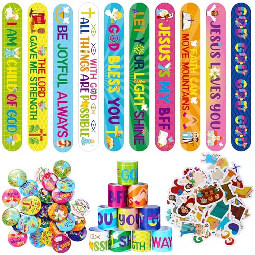 Frienda 110 Pcs Christian Gifts Bulk Included Religious Slap Bracelets Bible Verse Stickers Jesus Loves You Button Pins Inspirational Prizes for Boys Girls Students Sunday School Party FavorStylish - Image 1