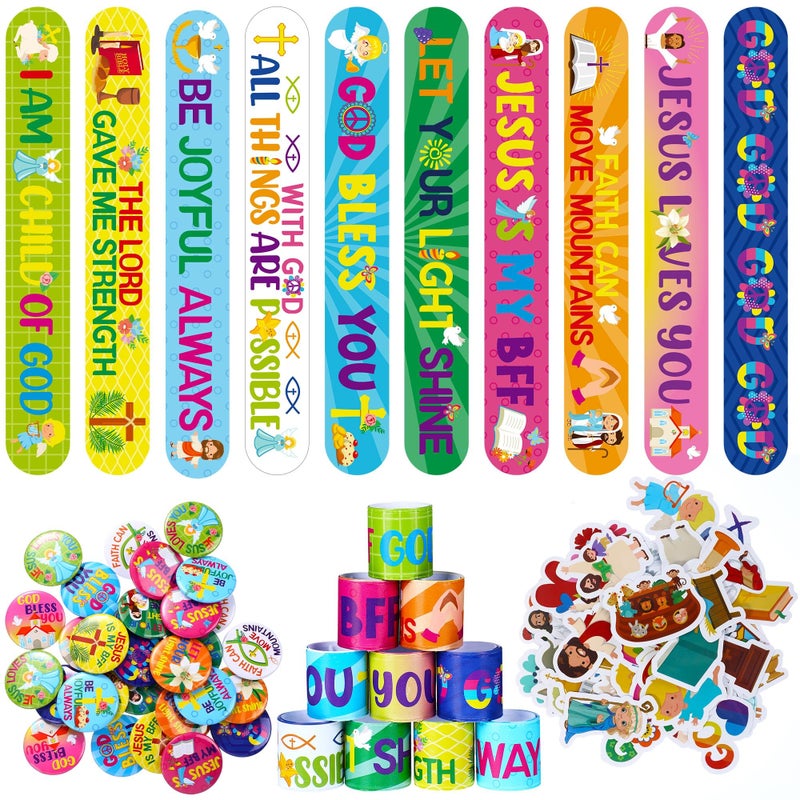 Frienda 110 Pcs Christian Gifts Bulk Included Religious Slap Bracelets Bible Verse Stickers Jesus Loves You Button Pins Inspirational Prizes for Boys Girls Students Sunday School Party FavorStylish - Image 3