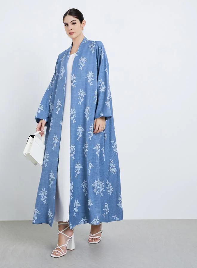 Women Blue Floral Print Open Front Abaya