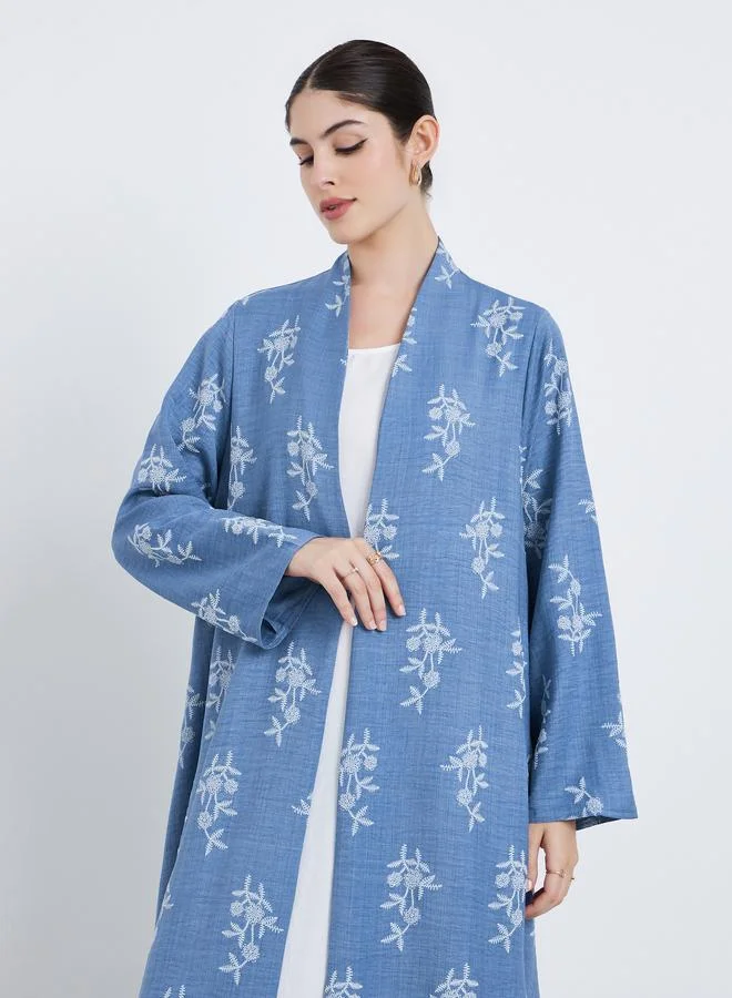 Amirah Women Blue Floral Print Open Front Abaya