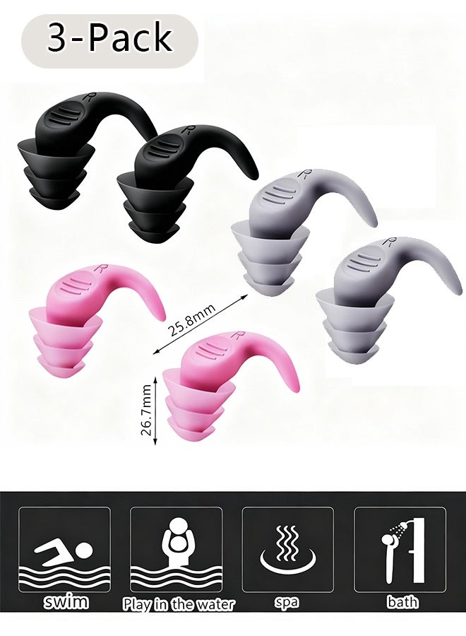 3 Pairs Waterproof Silicone Earplugs, Reusable Noise Cancelling Ear Plugs for Swimming, Sleeping, Travel, Shooting, Office, Comfortable & Secure Fit Long Description - Image 2