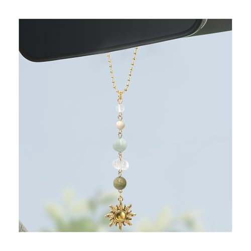 SHMZK Sun Hanging Car Charm Rear View Mirror Cute Boho Dangling Sun Car Decor Hanging Ornament Handmade Healing Natural Crystals Stones Sun Catcher Mirror Pendant for Women Men Green - Image 1