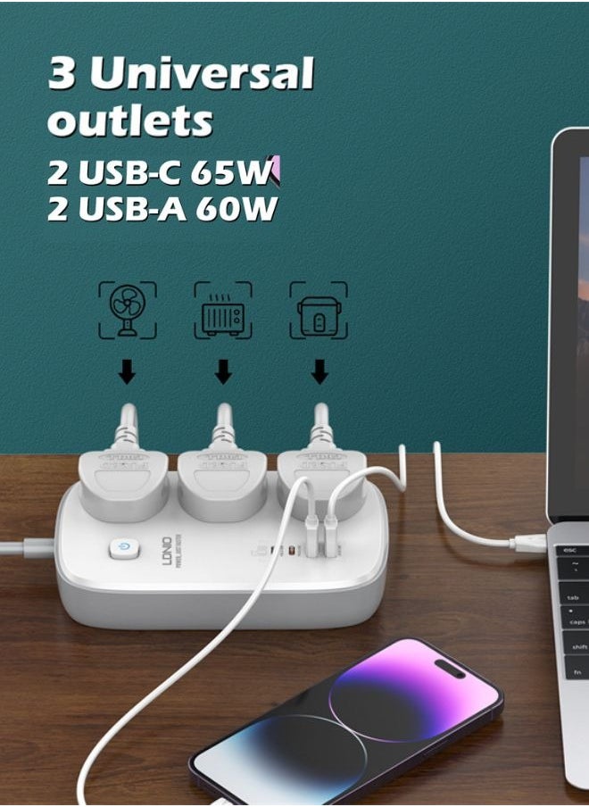 Power Extension Socket 3-Universal outlets With 2-USB-C 65W, 2-USB-A 60W ports fast charging 2-Meter power cord