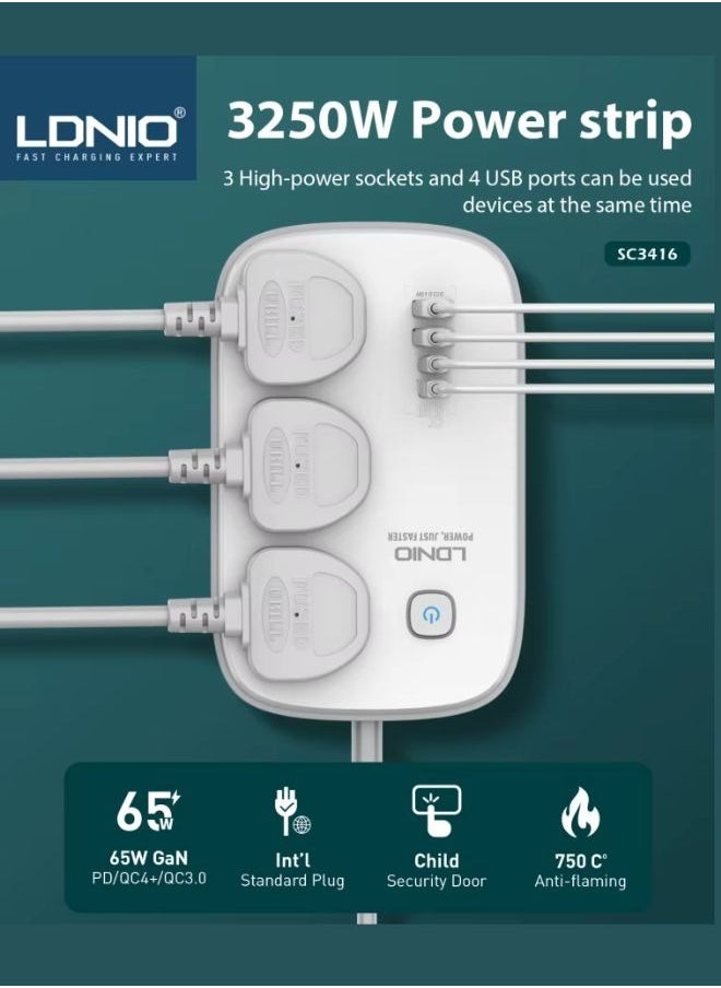 Power Extension Socket 3-Universal outlets With 2-USB-C 65W, 2-USB-A 60W ports fast charging 2-Meter power cord