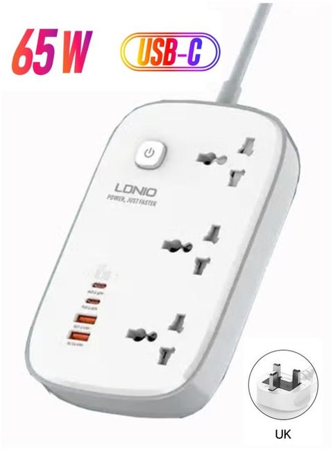 Power Extension Socket 3-Universal outlets With 2-USB-C 65W, 2-USB-A 60W ports fast charging 2-Meter power cord