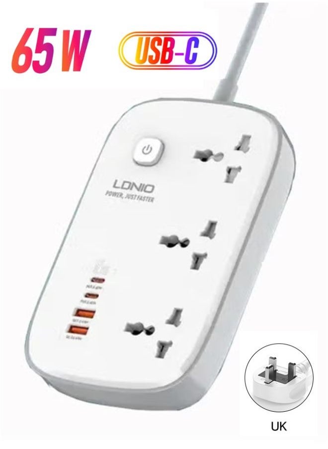 Power Extension Socket 3-Universal outlets With 2-USB-C 65W, 2-USB-A 60W ports fast charging 2-Meter power cord