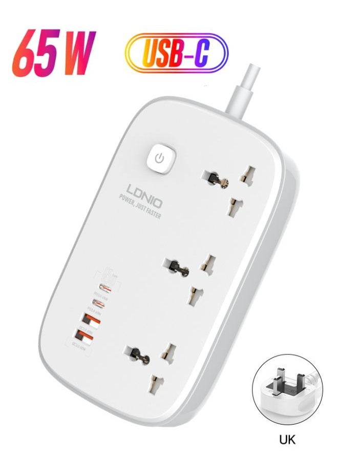 Power Extension Socket 3-Universal outlets With 2-USB-C 65W, 2-USB-A 60W ports fast charging 2-Meter power cord