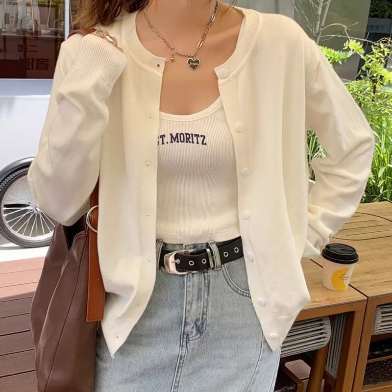 Thin 2024 Autumn New Knitted Cardigan Jacket Womens Long-sleeved Top with Slip Skirt Niche Sweater Trendy White [counter quality*93%]