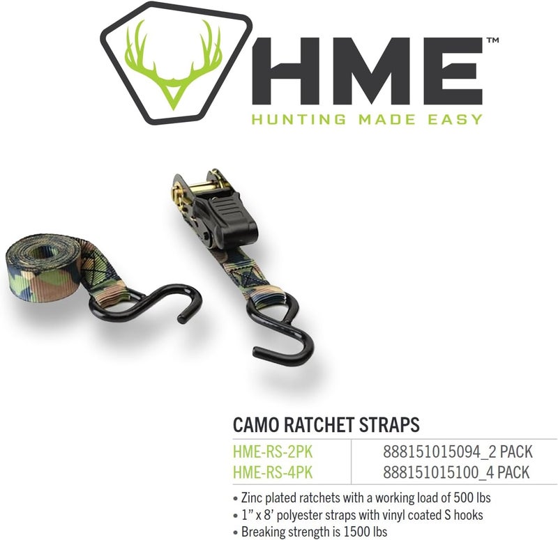 HME Durable Reliable Versatile Weather-Resistant Camouflage Ratchet 1500 lb Capacity 1' x 8' Tie-Down Straps - 2 Pack - Image 4