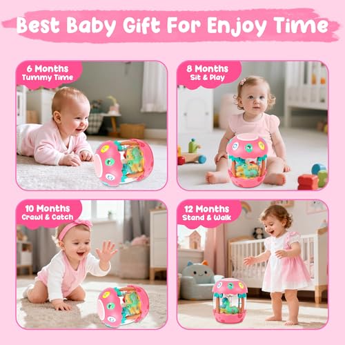 M SANMERSEN Baby Girl Toys 612 Months Dinosaur Rotating Light Up Musical Baby Toys for 06 1218 Months Newborn Infant Crawling Tummy Time Toys Birthday Valentines Day Baby Girl Gifts Pink - Image 5