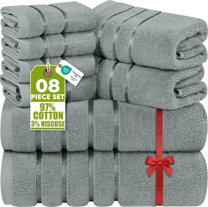 Utopia Towels 8 Piece Luxury Towel Set, 2 Bath, 2 Hand, and 4 Wash Cloths, 600 GSM Ring Spun Cotton, Highly Absorbent Viscose Stripe Towels, Ideal for Everyday use, Cool Grey - Image 1