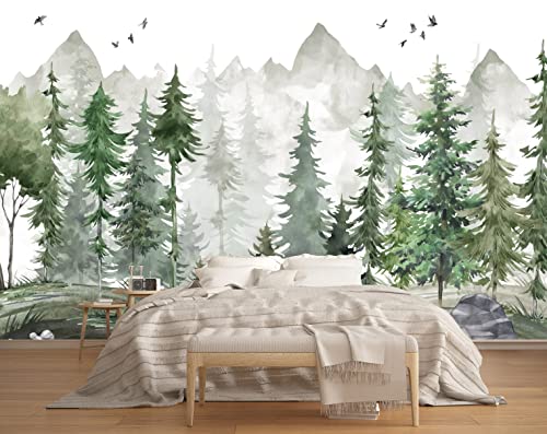MFWFM Green Forest Wall Mural Watercolor Woodland Wallpaper for Nursery Room (Not Peel n' Stick) - Image 3