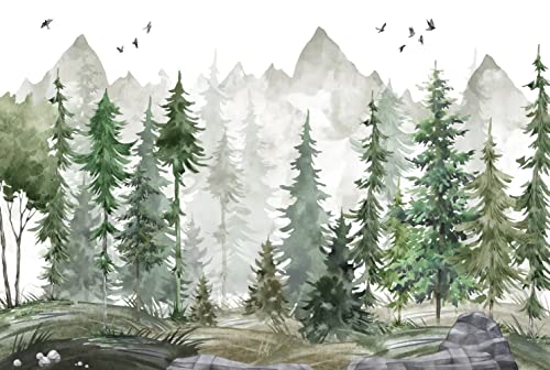 MFWFM Green Forest Wall Mural Watercolor Woodland Wallpaper for Nursery Room (Not Peel n' Stick) - Image 2