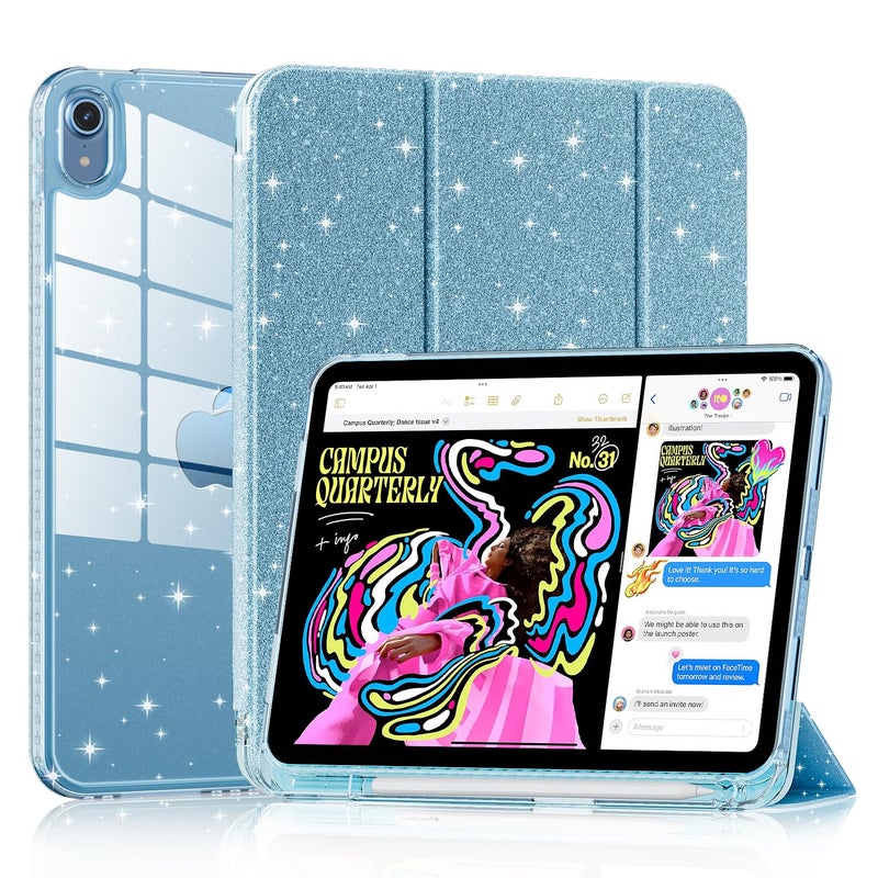 Lainergie Case for iPad A16 11th Generation 11inch 2025 iPad 10th Generation 109inch 2022 Cute Glittering Sparkly Shockproof Cover with Sparkly Crystal Clear Back and Pencil Holder Blue - Image 2