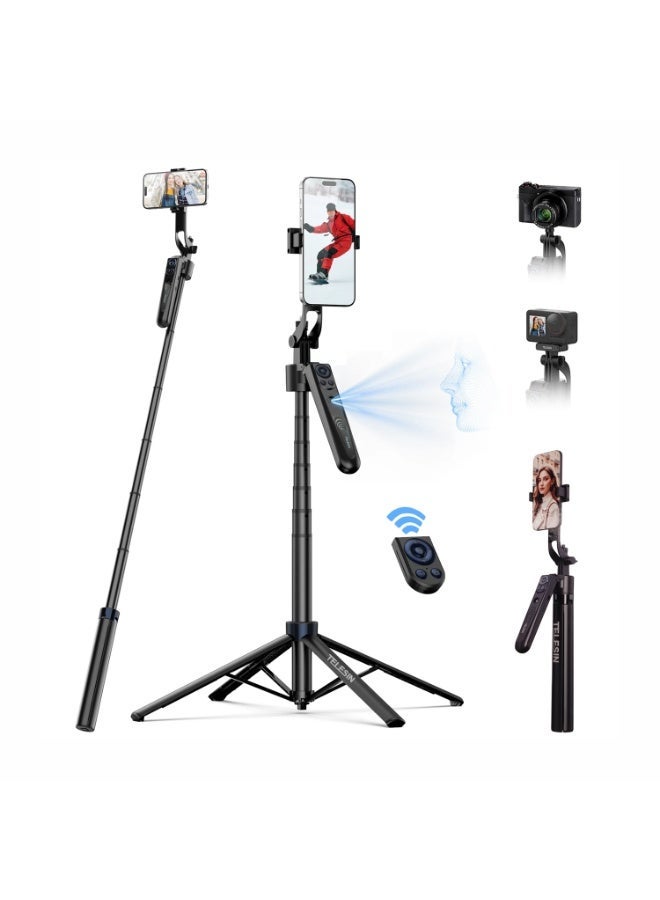 TELESIN P3-MS-03 Auto Tracking Tripod Phone Stand with 360° AI Face Tracking, BT Remote, 1.6m Adjustable Height, Compatible with Smartphone, GoPro & Mirrorless Cameras for Vlogging & Streaming - Image 1
