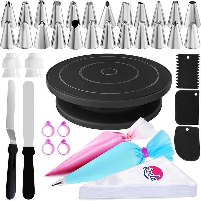 RICCLE 88 pcs Cake Decorating Kit with Blue Cake Turntable - Includes 50 Disposable + 2 Reusable Piping Bags and Tips Set, 24 Icing Piping Tips, 2 Spatulas, 3 Icing Comb Scraper (Black) - Image 1