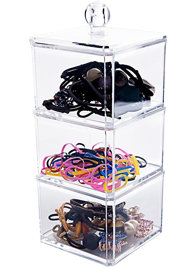 vesus Accessories Organizer for Girls, BLVRYVIO Bathroom Containers for Headband, Bows,Hair Tie,Hair Tools,Scrunchie,Cotton Swab Organization, Clear 3 Stackable Acrylic Holder with Lids for Organizing - Image 1