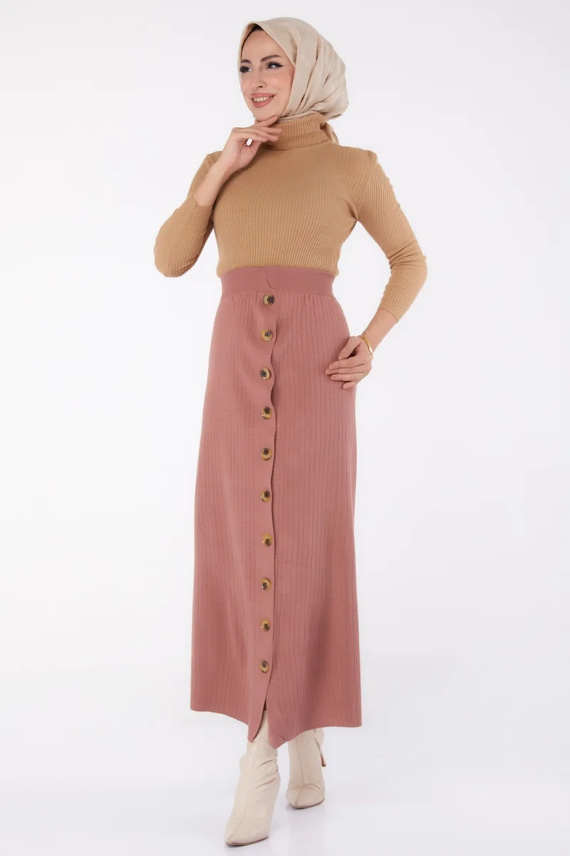Tofisa Plain Medium Women's Rose Buttoned Knit Skirt - 24722