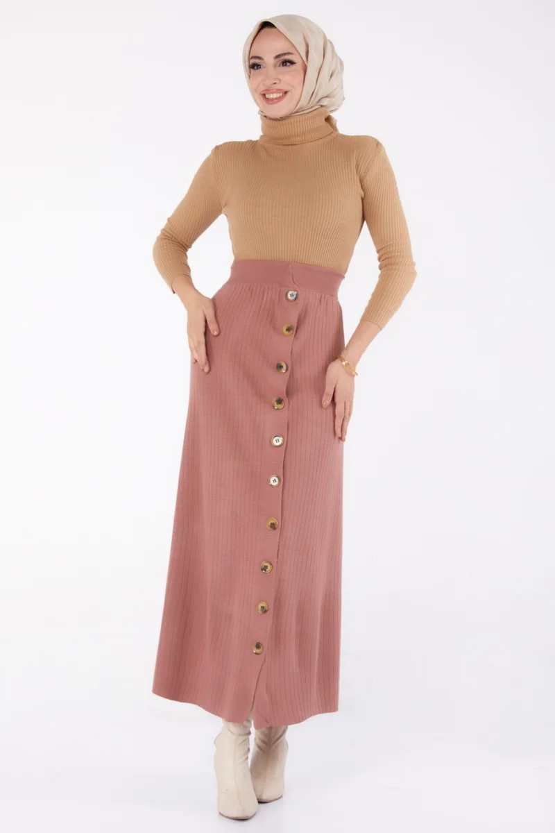 Tofisa Plain Medium Women's Rose Buttoned Knit Skirt - 24722