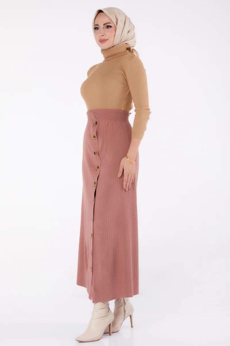 Tofisa Plain Medium Women's Rose Buttoned Knit Skirt - 24722