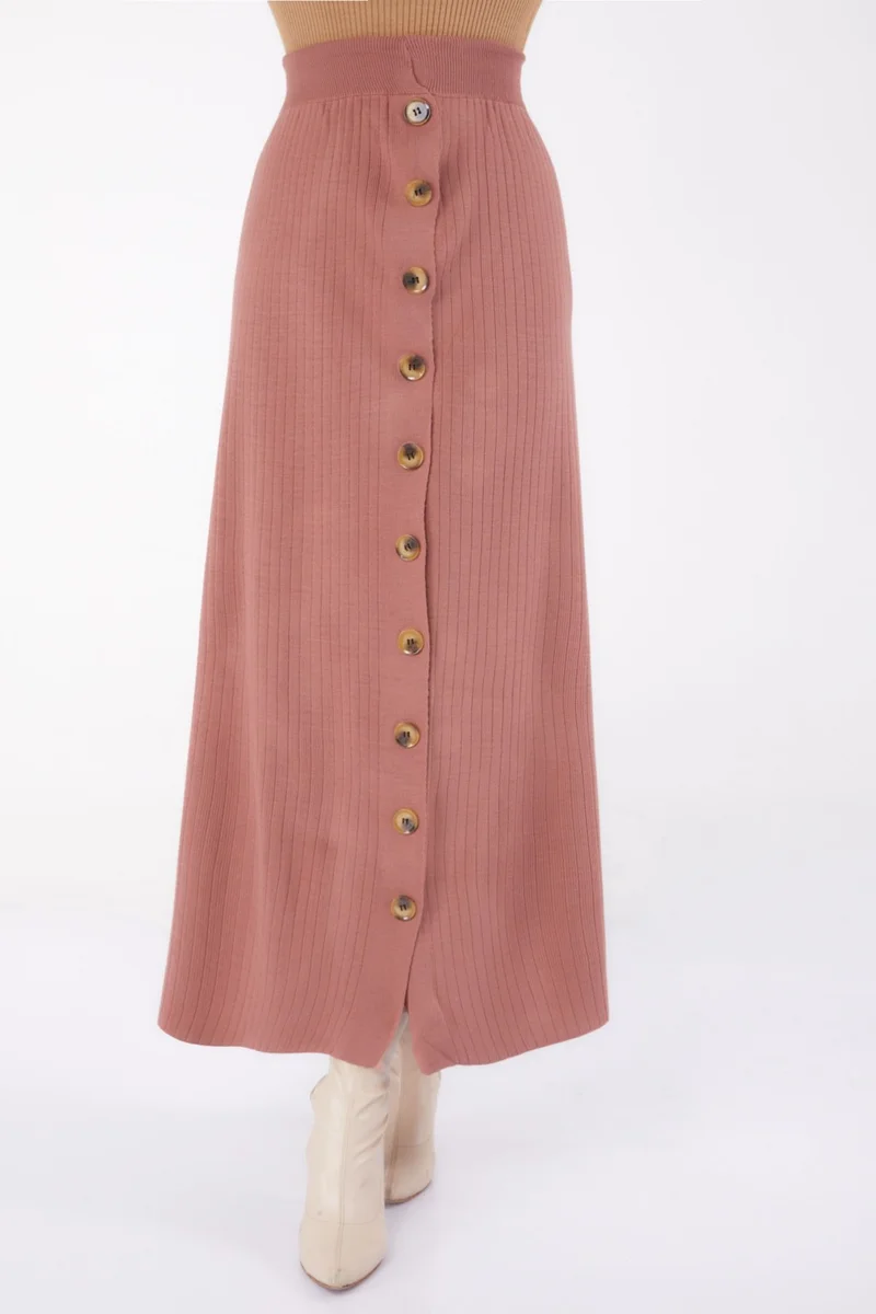 Tofisa Plain Medium Women's Rose Buttoned Knit Skirt - 24722