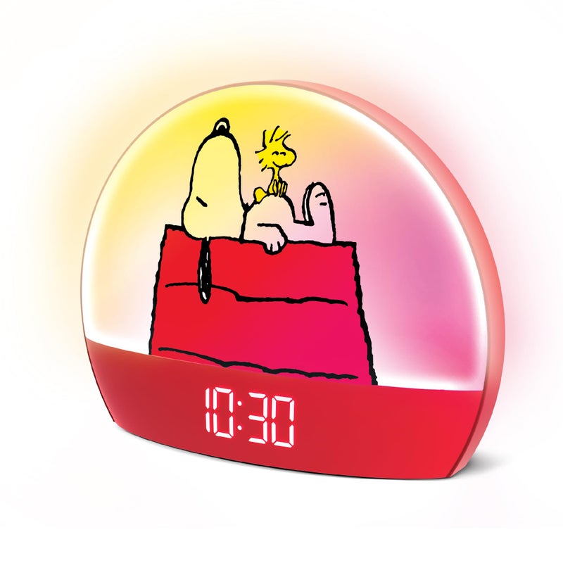 Peanuts Snoopy Sunrise Alarm Clock â€“ Vibrant Snoopy Edition with Multicolor Lights, USB Charging, LED Display, Gentle Wake-Up Simulation, and Handy Snooze Function, Red - Image 1