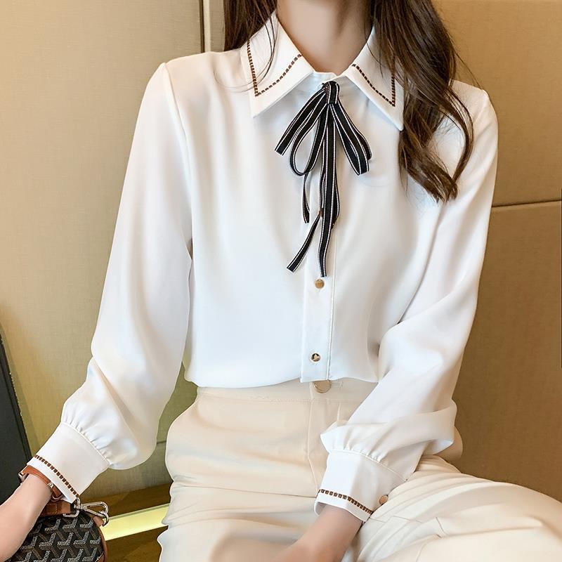 Chiffon Shirt Womens Long Sleeve Bow Tie Blouse Spring Fall Unique White [good quality]]