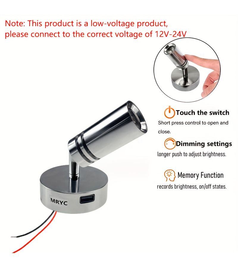 12V RV Rotating LED Reading Lamp 3W Neutral Light Touch Adjustable for Camper Van - Image 4