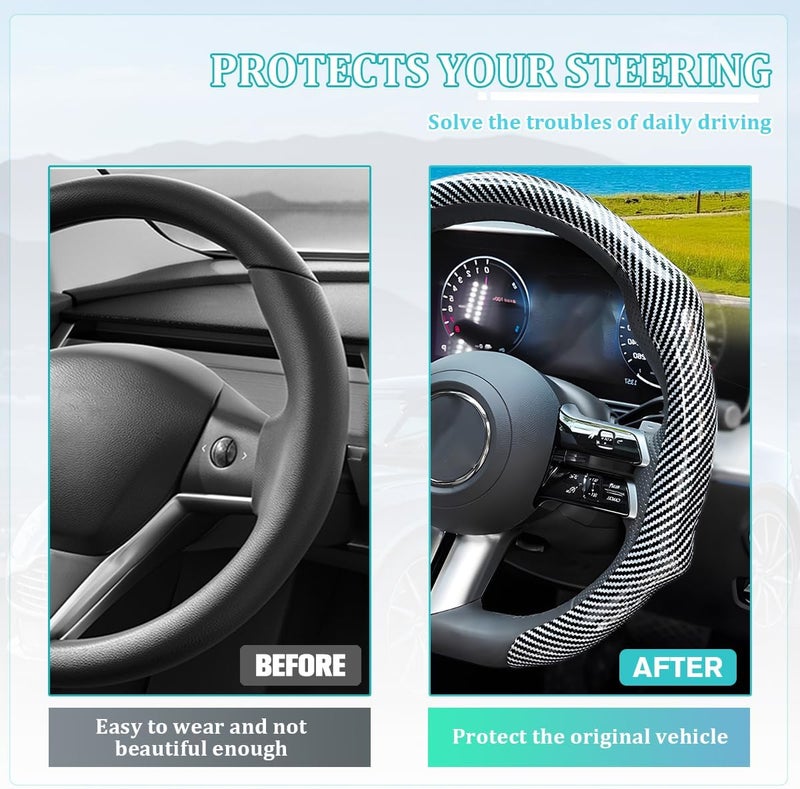 Sandfren Carbon Fiber Car Steering Wheel Cover, Non-Slip Comfortable Vehicle Steering Protector, Automotive Interior Wheel Wrap Cover Decoration Accessories, Universal Fit (Silver) - Image 5