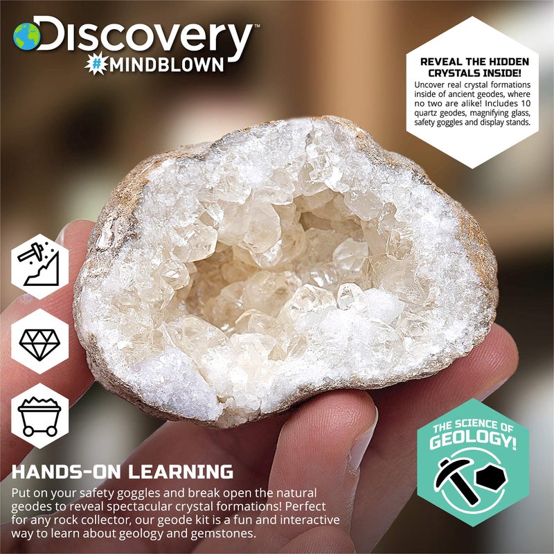 Discoveryâ„¢ Mystery Crystal Geode Kit â€“ Crack Open 10 Real Quartz Geodes| Includes Goggles, Magnifying Glass & Display Stands| Educational STEM Geology Toy for Kids| Science Activity Set Gift| Ages 6+ - Image 4
