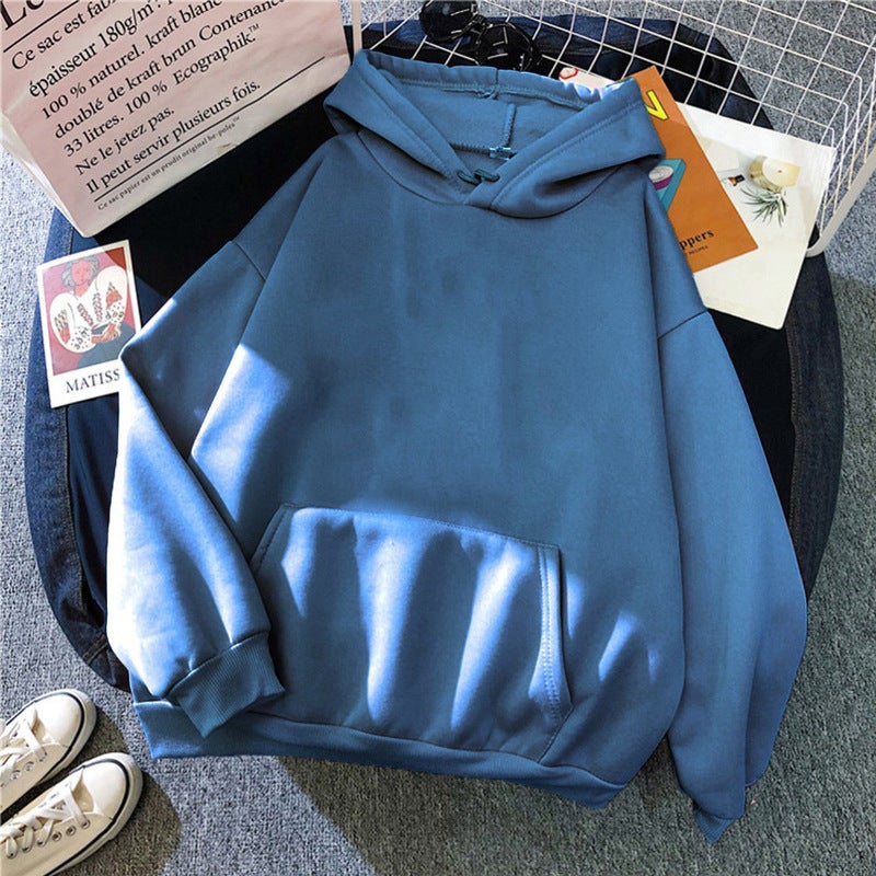Solid Color Hoodie Winter New Japanese-American Lake Blue