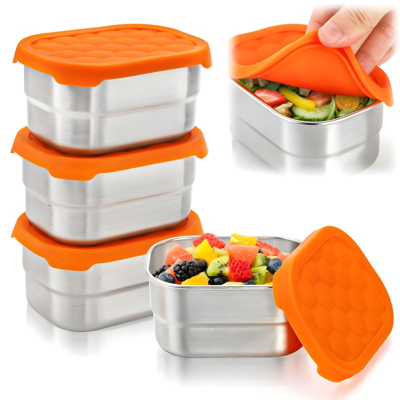Goaste 4 Pack Stainless Steel Containers 8 OZ Small Snack Container with Silicon Lids Leakproof Sauce Dip Containers Kids Lunch Box Food Container for School Picnics Camping Trips Rectangle