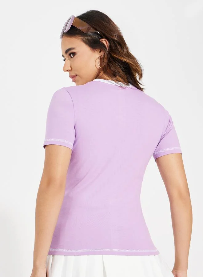 Styli Contrast Stitch Slogan Print Fitted T-Shirt