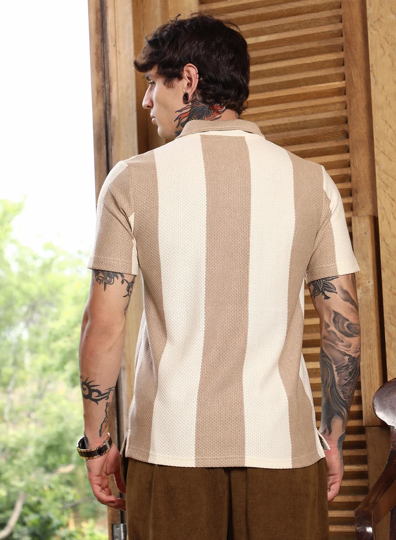 Campus Sutra Campus Sutra Men's Tan Brown & Cream White Awning-Tactile Polo T-Shirt For Casual Wear | Polo Neck | Short Regular Sleeves | Half-Button Closure | T-Shirt Crafted With Comfort Fit For Everyday Wear