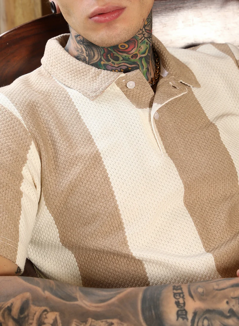 Campus Sutra Campus Sutra Men's Tan Brown & Cream White Awning-Tactile Polo T-Shirt For Casual Wear | Polo Neck | Short Regular Sleeves | Half-Button Closure | T-Shirt Crafted With Comfort Fit For Everyday Wear