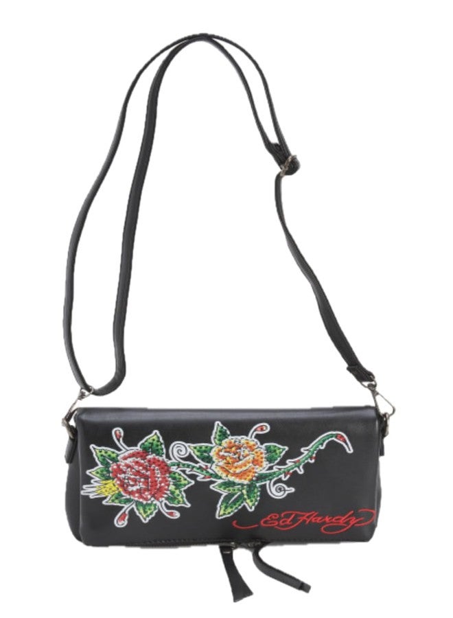 ED HARDY Women's Foldover Convertible Crossbody Bag, Black Floral, One Size, Classic - Image 1