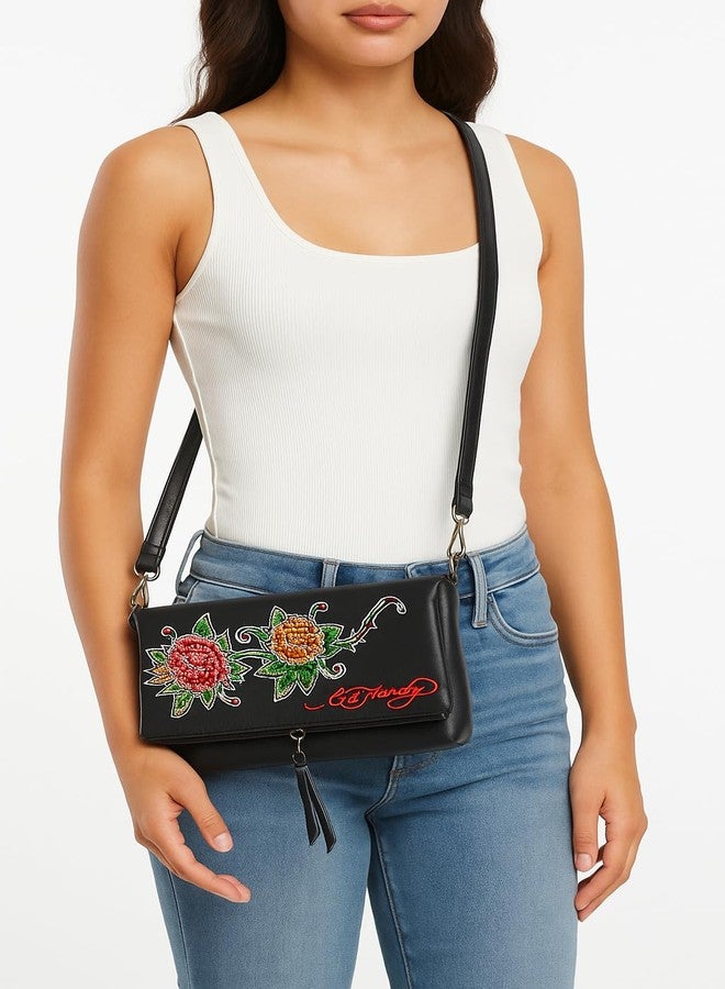 ED HARDY Women's Foldover Convertible Crossbody Bag, Black Floral, One Size, Classic - Image 2
