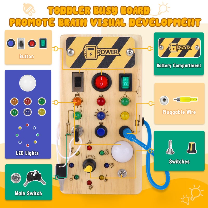 Hoarosall Montessori Wooden Busy Board with 8 LED Light switches, Sensory Toys Light Switch Travel Toys for 1+ Year Old Baby and Toddler - Image 2