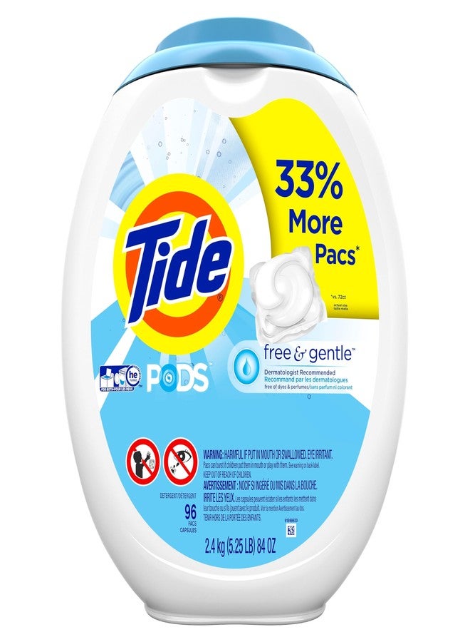 Tide PODS Free and Gentle, Laundry Detergent Soap PODS, HE, 96 Count - Unscented and Hypoallergenic for Sensitive Skin, Free and Clear of Dyes and Perfumes - Image 1