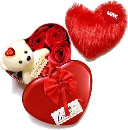 FLYmart Valentines Day Gift for Boys Girls Girlfriend Boyfriend Husband Wife Valentines Special Heart Shape Teddy Gift Box with Scented Rose Flowers and a soft shape heart pillow - Image 1