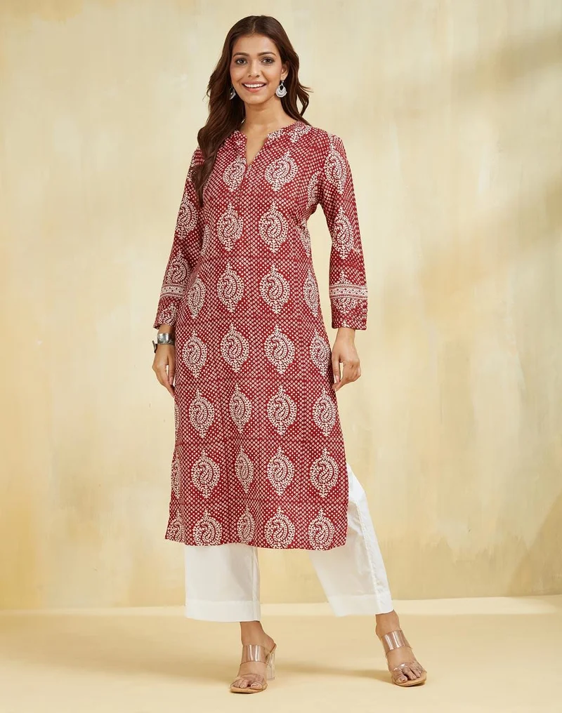 Fabindia Maroon Viscose Silk Printed Long Kurta