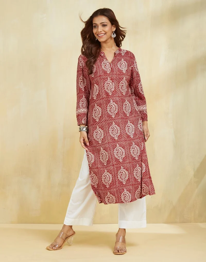 Fabindia Maroon Viscose Silk Printed Long Kurta