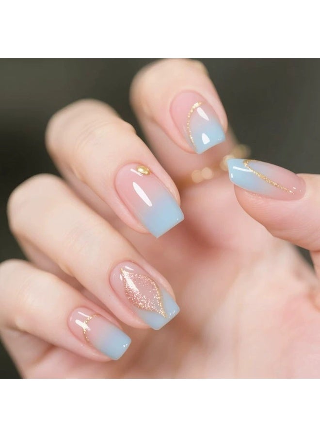 Goolsky Premium Medium-Long Press-on Nails with Blue-Pink Ombre & Gold Glitter for Dreamy Radiance - Image 1