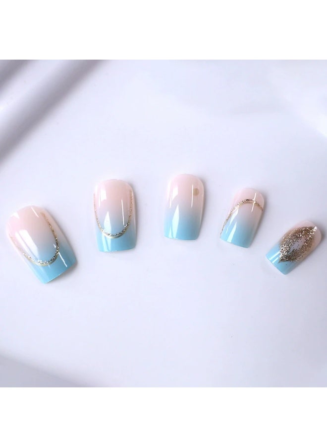 Goolsky Premium Medium-Long Press-on Nails with Blue-Pink Ombre & Gold Glitter for Dreamy Radiance - Image 2