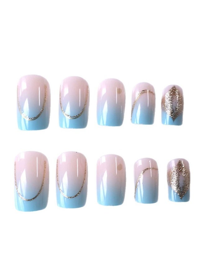 Goolsky Premium Medium-Long Press-on Nails with Blue-Pink Ombre & Gold Glitter for Dreamy Radiance - Image 5