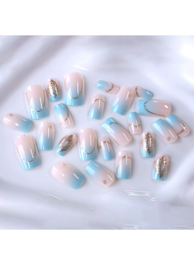 Goolsky Premium Medium-Long Press-on Nails with Blue-Pink Ombre & Gold Glitter for Dreamy Radiance - Image 3