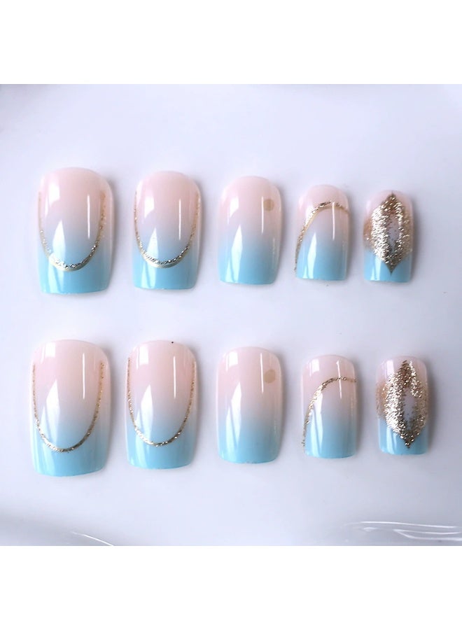 Goolsky Premium Medium-Long Press-on Nails with Blue-Pink Ombre & Gold Glitter for Dreamy Radiance - Image 4