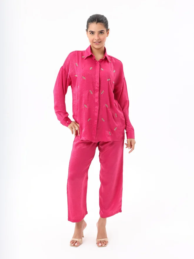 Elena By DStyle Pink Embellished Shirt and Pants Modest Set